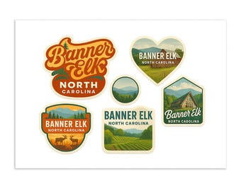 Banner Elk North Carolina Sticker Sheet - 6 Mountain Travel Decals Featuring Blue Ridge Mountains Scenery and Local Landmarks