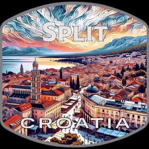 Könnte beinhalten: Eine künstlerische Darstellung von Split, Kroatien, mit der Skyline der Stadt unter einem lebendigen Himmel. Das Bild enthält den Text "SPLIT" oben und "CROATIA" unten, vor einem schwarzen Hintergrund.