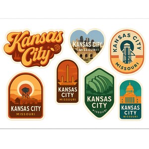 Kansas City Missouri Sticker Sheet - 6 Vintage Travel Stickers Set with Skyline and Landmarks image 1