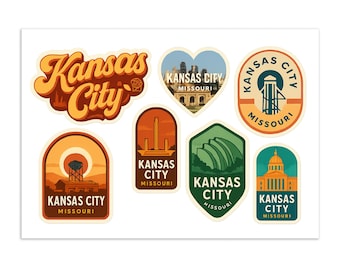 Arkusz naklejek Kansas City Missouri – zestaw 6 zabytkowych naklejek podróżniczych z panoramą miasta i punktami orientacyjnymi