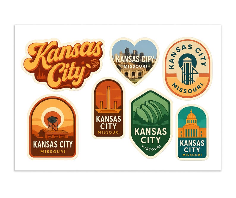 Kansas City Missouri Sticker Sheet - 6 Vintage Travel Stickers Set with Skyline and Landmarks image 1