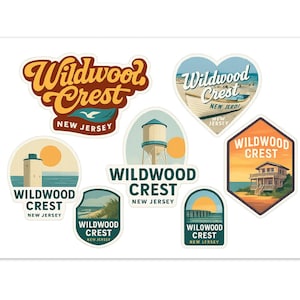Wildwood Crest New Jersey Sticker Sheet - 7 Vintage Style Travel Decals - Beach Souvenir Stickers image 1