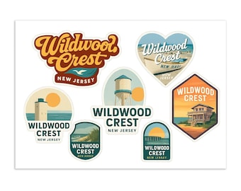 Wildwood Crest New Jersey Sticker Sheet - 7 Vintage Style Travel Decals - Beach Souvenir Stickers