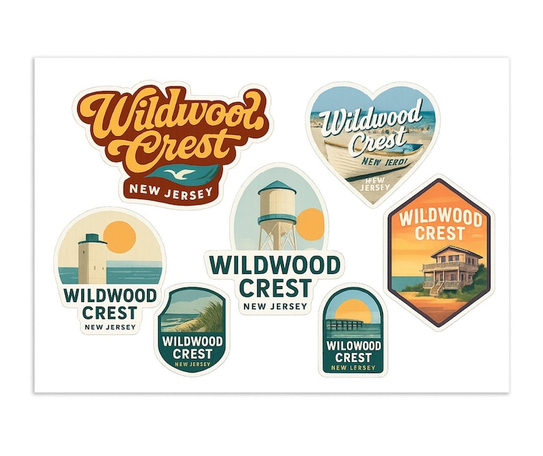 Wildwood Crest New Jersey Sticker Sheet - 7 Vintage Style Travel Decals - Beach Souvenir Stickers image 1