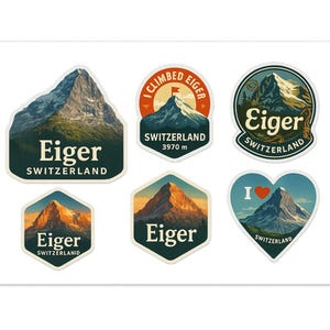 Puede incluir: Un conjunto de seis pegatinas con la montaña Eiger en Suiza. Las pegatinas tienen varias formas, incluyendo un corazón, un hexágono y un círculo. Cada pegatina muestra la montaña con el texto "Eiger Switzerland" o "I Climbed Eiger Switzerland 3970 m".