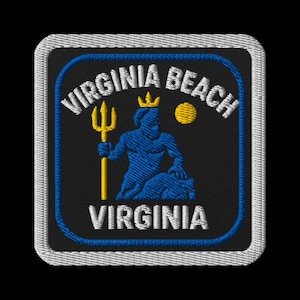 May include: Embroidered patch featuring the words "VIRGINIA BEACH" and "VIRGINIA" in white. The patch has a blue and black background with a gold trident, a yellow sun, and a blue figure with a crown.
