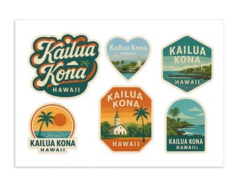 Kailua Kona Hawaii Sticker Sheet - 6 Vintage Travel Stickers Big Island Souvenir Decals