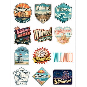 Wildwood New Jersey Retro Sticker Sheet – Boardwalk, Beach, Shore Souvenir (12 Pack) image 1