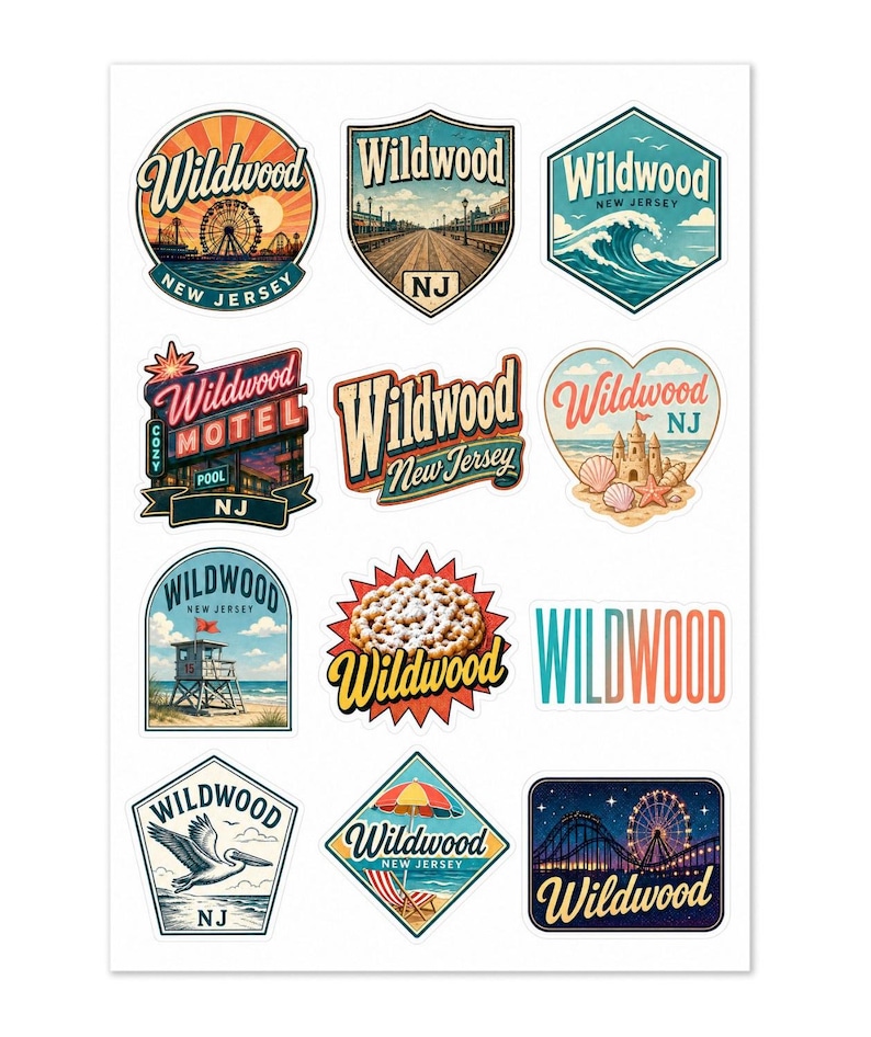Wildwood New Jersey Retro Sticker Sheet – Boardwalk, Beach, Shore Souvenir (12 Pack) image 1