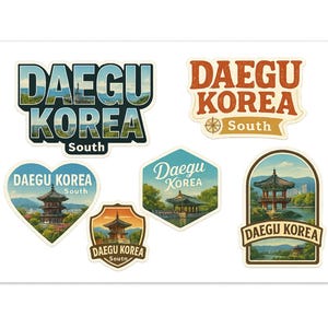 May include: A collection of colorful stickers featuring the text "DAEGU KOREA" in various designs. The stickers showcase illustrations of Korean landmarks and landscapes, with the word "South" included in some designs.
