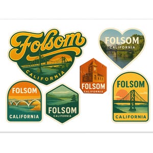 May include: A collection of Folsom, California stickers in various shapes. Each sticker features the word "Folsom" and a depiction of the city's landmarks, including bridges and buildings, in shades of green, orange, and yellow.