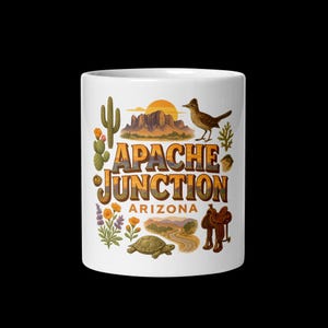 May include: White ceramic mug featuring a design with the text "Apache Junction Arizona". The design includes a roadrunner, desert landscape, cactus, and a turtle. The mug has a black background.