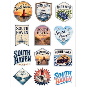May include: A sheet of stickers featuring various designs with the words "South Haven, Michigan." Designs include a lighthouse, boat, blueberries, a sailboat, a beach scene, seagulls, a pier, and a blueberry pie.