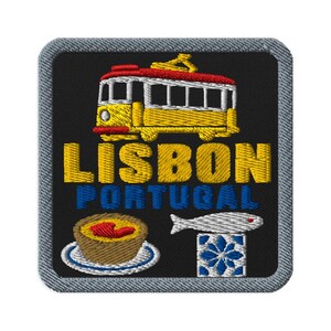 Lisbon Portugal Yellow Tram Souvenir Embroidered Patch Iron On - Square Oval or Round Shapes Sew On Collectible