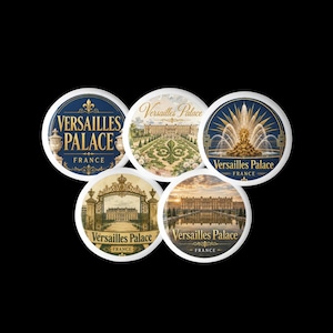 Op de afbeelding: Vijf ronde magneten met afbeeldingen van het Paleis van Versailles in Frankrijk. De ontwerpen bevatten de gouden tekst Versailles Palace France, illustraties van de paleisarchitectuur, aangelegde tuinen en een gouden fontein.