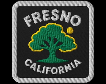 Fresno California Embroidered Patch - Square Souvenir Travel Patch with Tree Design - Iron On Sew On Safety Pin