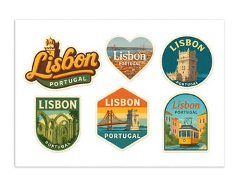Stickervel Lissabon Portugal - 6 souvenirstickers voor reizen met beroemde bezienswaardigheden en iconen