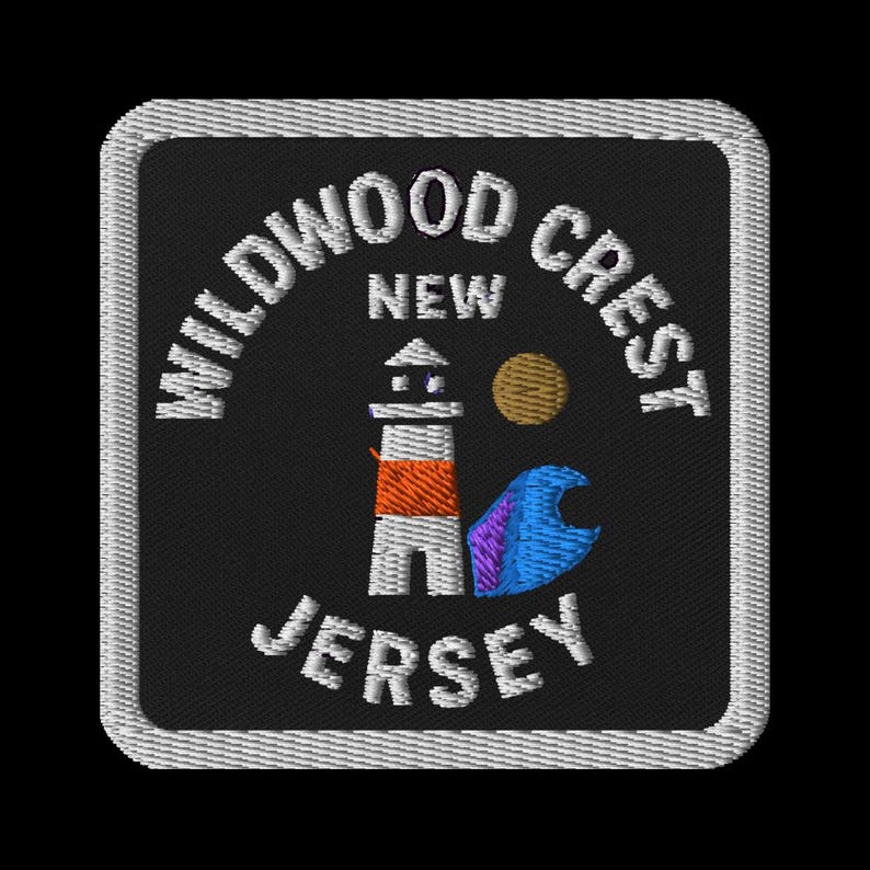 Wildwood Crest New Jersey Lighthouse Embroidered Patch - Square Souvenir Travel Memento with Ocean Wave Design image 1