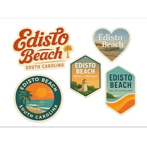 Stickervel Edisto Beach South Carolina - 5 set vintage reisstickers - souvenirstickers kust