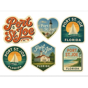 May include: A set of six retro stickers with the text "Port St. Joe Florida". The designs include a lighthouse, sailboat, and beach scenes. The stickers use a vintage colour palette of orange, blue, and green.