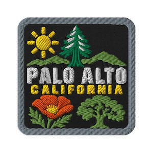 Palo Alto Kalifornien Redwood Poppy Souvenir Broderad Tygmärke - Fyrkantig Oval eller Runda Former Stryk-på Sy-på Samlarobjekt