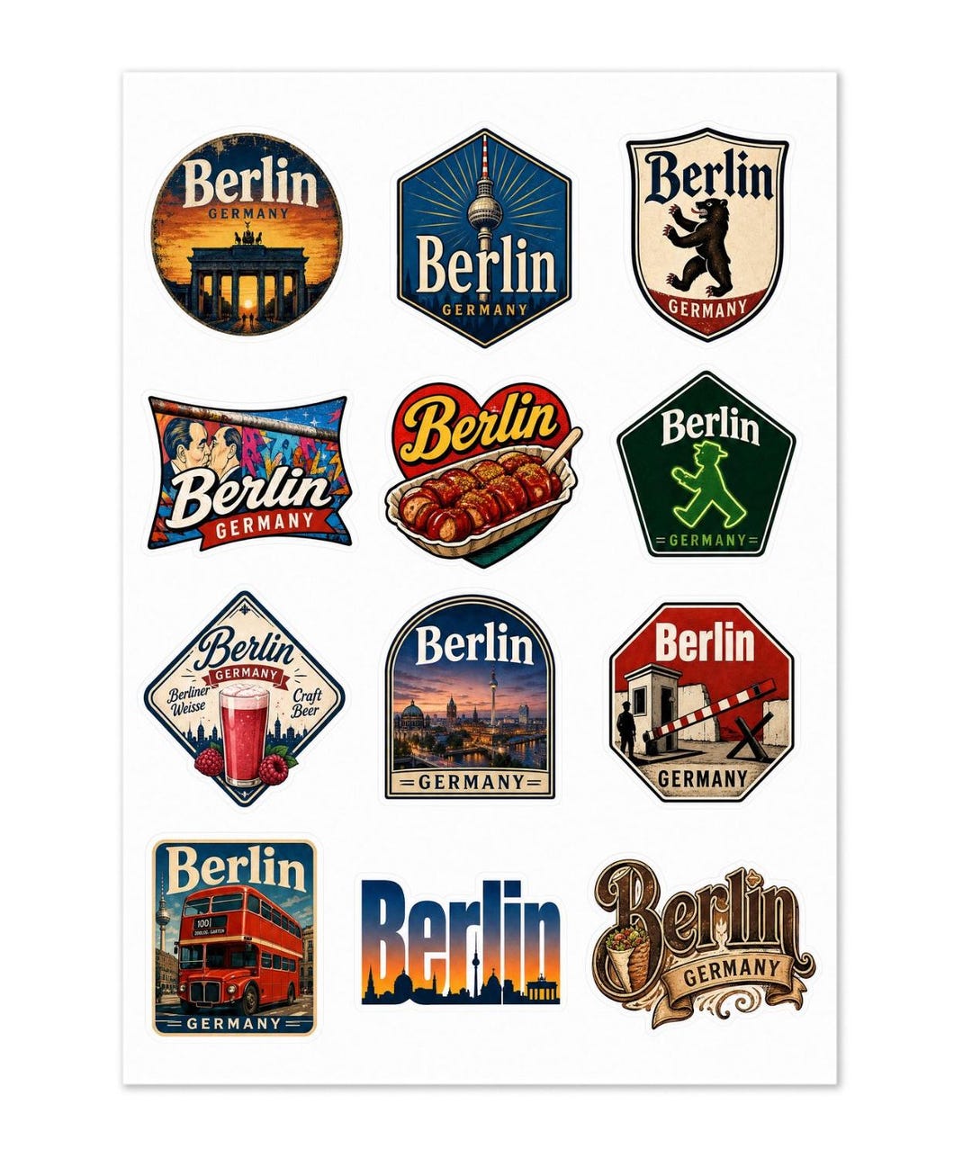 Berlin Germany 12 Pack Souvenir Sticker Sheet 1.5 Inch Kiss Cut Vinyl ...