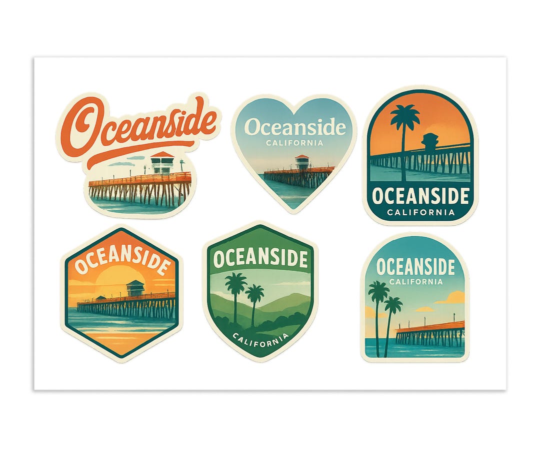 Oceanside California Sticker Sheet - 6 Vintage Travel Decals Featuring ...