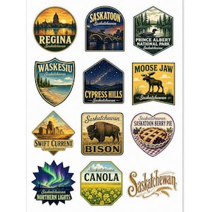 May include: A sheet of stickers featuring various Saskatchewan, Canada, themed designs. The stickers include illustrations of Regina, Saskatoon, Prince Albert National Park, Waskesiu, Cypress Hills, Moose Jaw, Swift Current, Bison, Saskatoon Berry Pie, Canola, and Northern Lights.