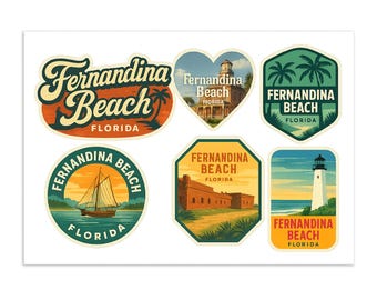 Hoja de calcomanías de Fernandina Beach, Florida: 6 calcomanías de viaje vintage con un faro y un fuerte históricos.