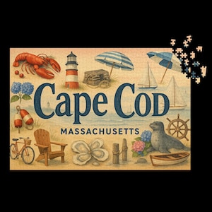 May include: A Cape Cod Massachusetts puzzle featuring a lobster, lighthouse, sailboats, and a seal. The puzzle has the words "Cape Cod" in large blue letters, with various beach-themed illustrations.
