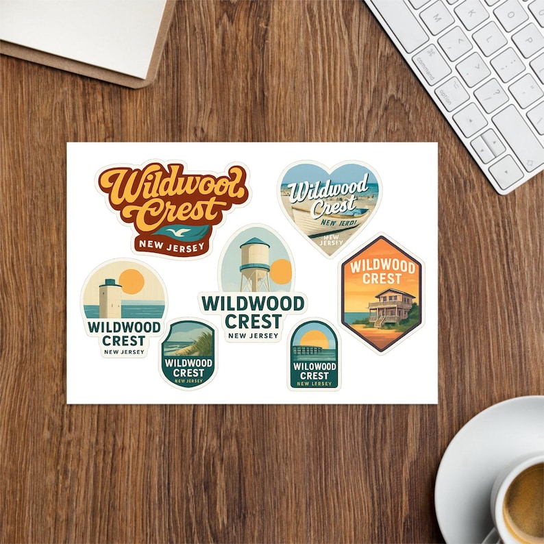 Wildwood Crest New Jersey Sticker Sheet - 7 Vintage Style Travel Decals - Beach Souvenir Stickers image 3