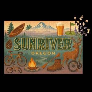 May include: A completed jigsaw puzzle featuring a vintage travel-themed design. The image includes the text "SUNRIVER OREGON" with illustrations of a canoe, bicycle, campfire, deer, and a golf course.