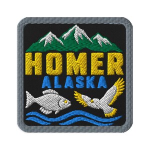 Homer Alaska Mountain Fish Eagle Souvenir Embroidered Patch - Square Oval or Round Shapes Iron On Sew On Collectible