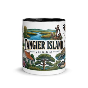 May include: A white ceramic mug with a black interior and rim, featuring a colourful illustration of Tangier Island, Virginia. The design includes a coastal landscape, a house, a tree, an anchor, a turtle, and a duck, with the text Tangier Island Virginia.