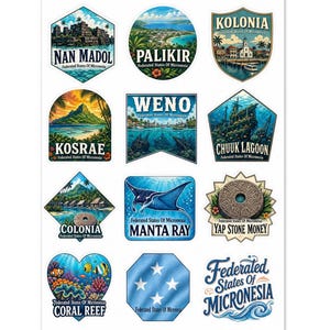 Puede incluir: Una hoja de pegatinas con varios diseños relacionados con los Estados Federados de Micronesia. Los diseños incluyen paisajes, escenas submarinas y texto como "Nan Madol", "Palikir", "Manta Ray" y "Yap Stone Money".