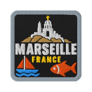 Marseille France Basilica Sailboat Souvenir Embroidered Patch - Square Oval or Round Shapes Iron On Sew On Collectible