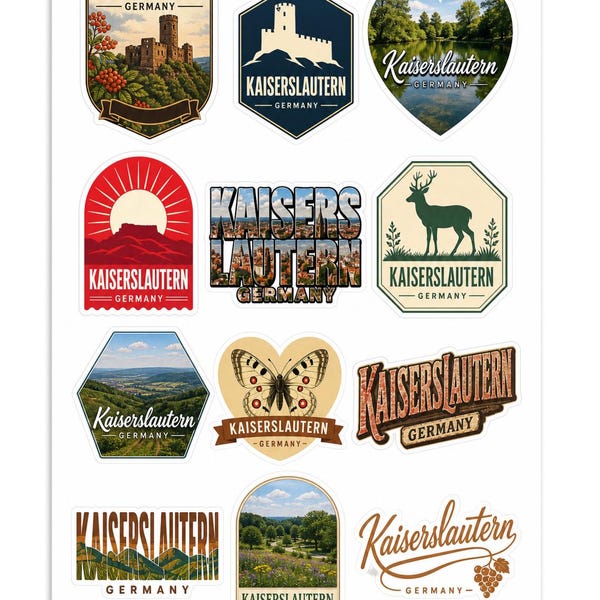 Kaiserslautern Germany Vintage Landmark Souvenir Sticker Sheet - 12 Pack Travel Decals - Approx. 1.5 Inches Each