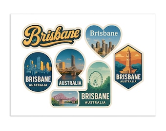Brisbane Australia Sticker Sheet - 6 Premium Travel Souvenir Stickers Featuring City Skyline Landmarks and Iconic Bridges