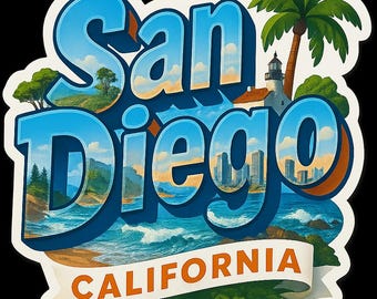 Pegatina de recuerdo de San Diego, California (vinilo normal u holográfica) - Destino turístico - 3 x 3, 4 x 4, 6 x 6 pulgadas