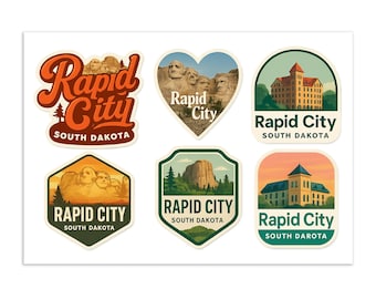 Foglio di adesivi di Rapid City, South Dakota: decalcomanie da viaggio del Monte Rushmore