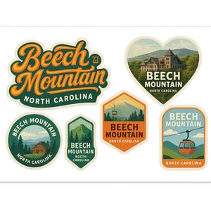 May include: A collection of Beech Mountain, North Carolina stickers. The stickers feature various designs, including a heart-shaped sticker with a mountain scene, a cabin, and a ski lift. The color palette includes green, orange, and blue.