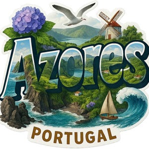 May include: A sticker with the word "Azores" in a scenic design, incorporating a windmill, sailboat, and seagull. The image includes a large blue wave and the word "Portugal" at the bottom. The landscape is lush and green.