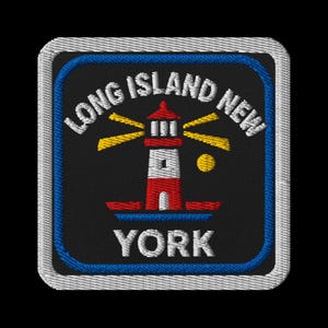 May include: Embroidered patch featuring a lighthouse with red and white stripes, a red top, and yellow beams of light. The patch reads "LONG ISLAND NEW YORK" in white text, with a blue border and a white stitched edge. The design is on a black background.