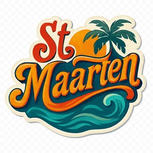 Puede incluir: Una pegatina colorida con el texto "St. Maarten" en naranja y rojo, con un sol, una palmera y olas del océano. El diseño tiene un estilo vintage y retro con una apariencia texturizada.