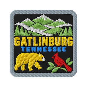 Broderad lapp med souvenirmotiv från Gatlinburg, Tennessee - fyrkantig, oval eller rund form, stryk-på, sy-på, samlarobjekt