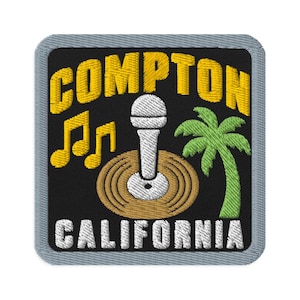 Compton California Microphone Souvenir Embroidered Patch Iron On - Square Oval or Round Shapes Sew On Collectible