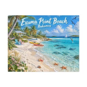 Puede incluir: Un rompecabezas que muestra una escena de playa tropical con el texto Exuma Point Beach Bahamas. La imagen presenta arena blanca, agua turquesa, palmeras, una casa pequeña, kayaks coloridos, conchas, estrellas de mar y aves en el cielo.