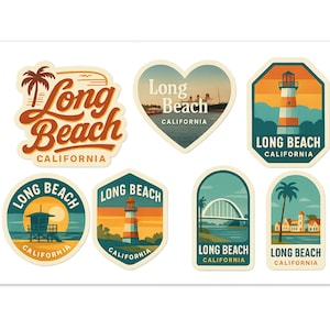 May include: A set of Long Beach, California themed stickers. The stickers feature illustrations of a lighthouse, palm trees, a lifeguard tower, and the text "Long Beach California" in various shapes and designs.
