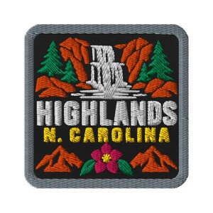 Highlands North Carolina Waterfall Souvenir Embroidered Patch - Square Oval or Round Shapes Iron On Sew On Collectible
