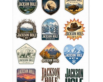 Hoja de pegatinas de Jackson Hole, Wyoming: montañas, fauna, esquí, diseños vaqueros (paquete de 12)